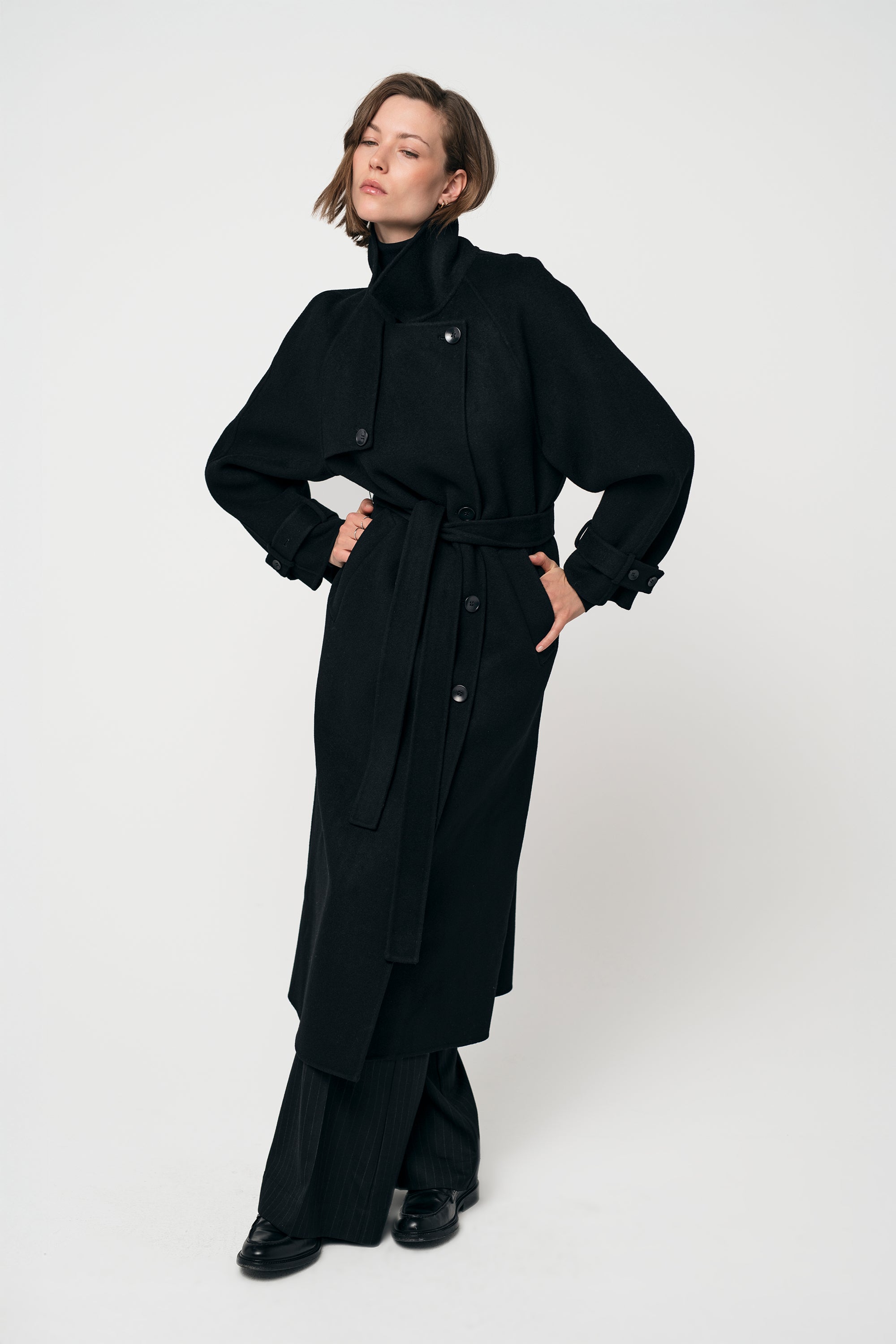 My Wool | Long Wool Coat with Belted Waist & Trench Details – Pia
