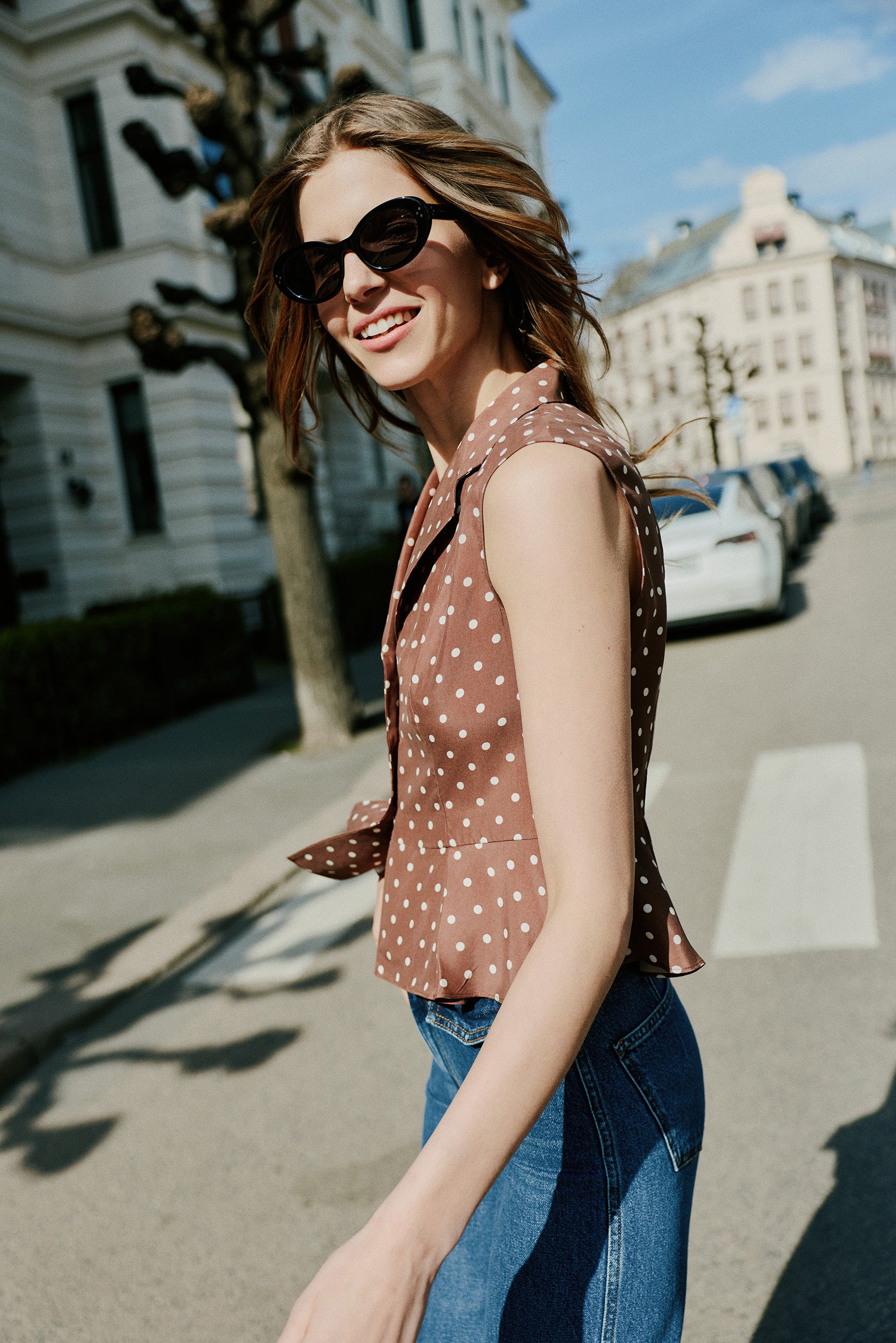 MELROSE DOTS | Sleeveless Polka Dot Blouse with Notched Collar