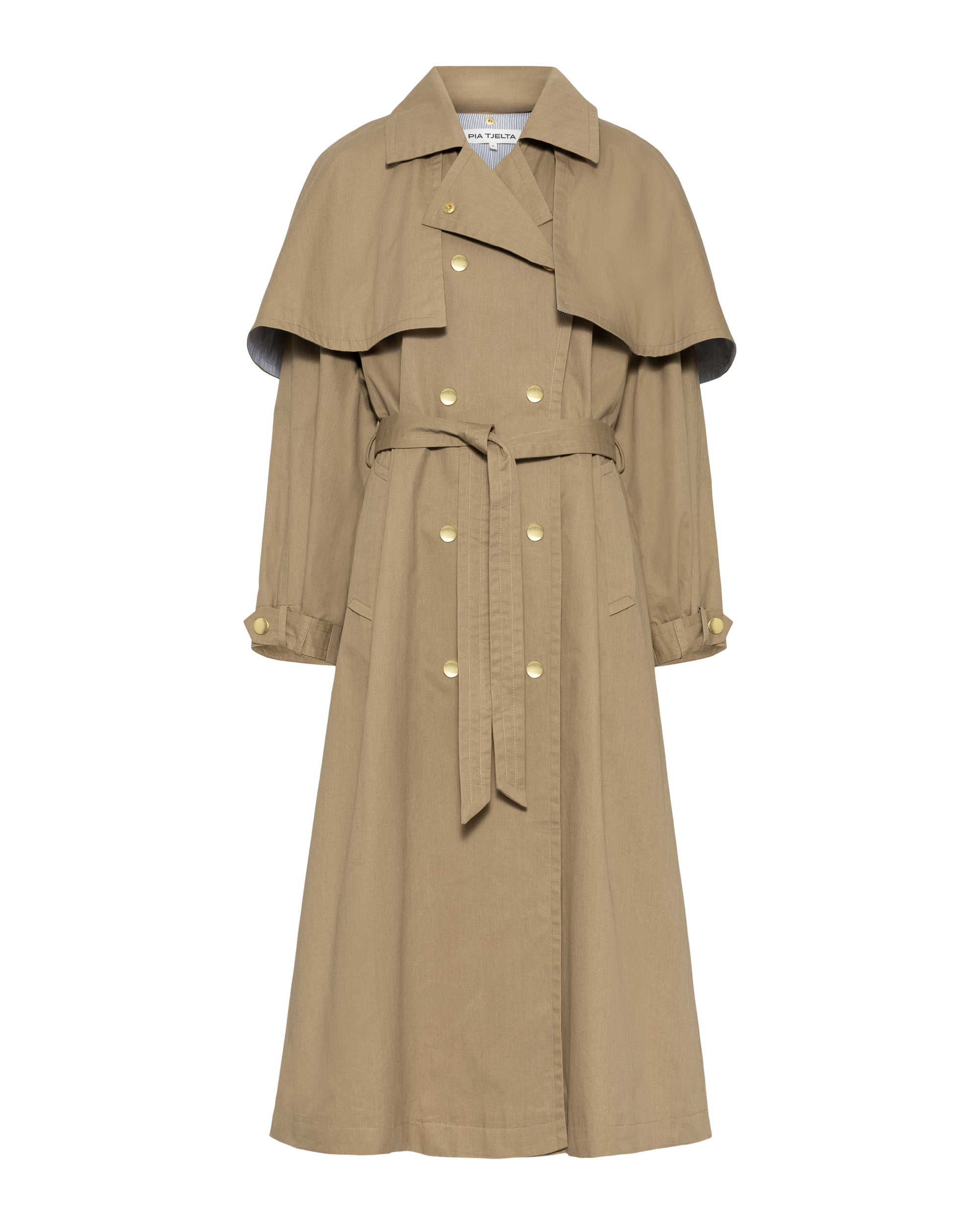 Beige trench coat with gold buttons on a white background